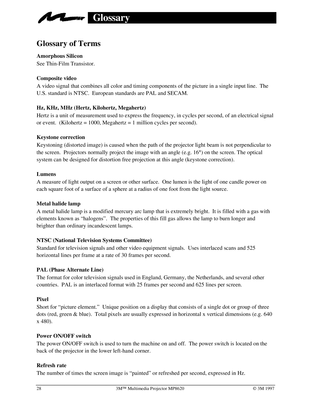 3M MP8620 manual Glossary of Terms 