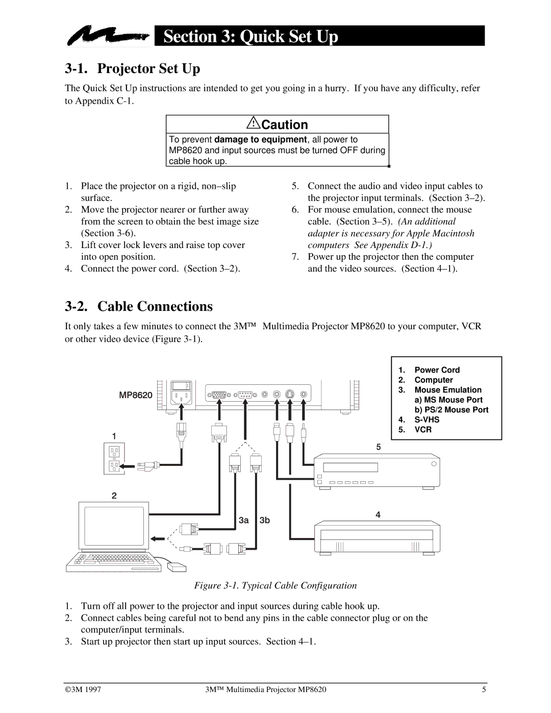 3M MP8620 manual Quick Set Up, Projector Set Up, Cable Connections 