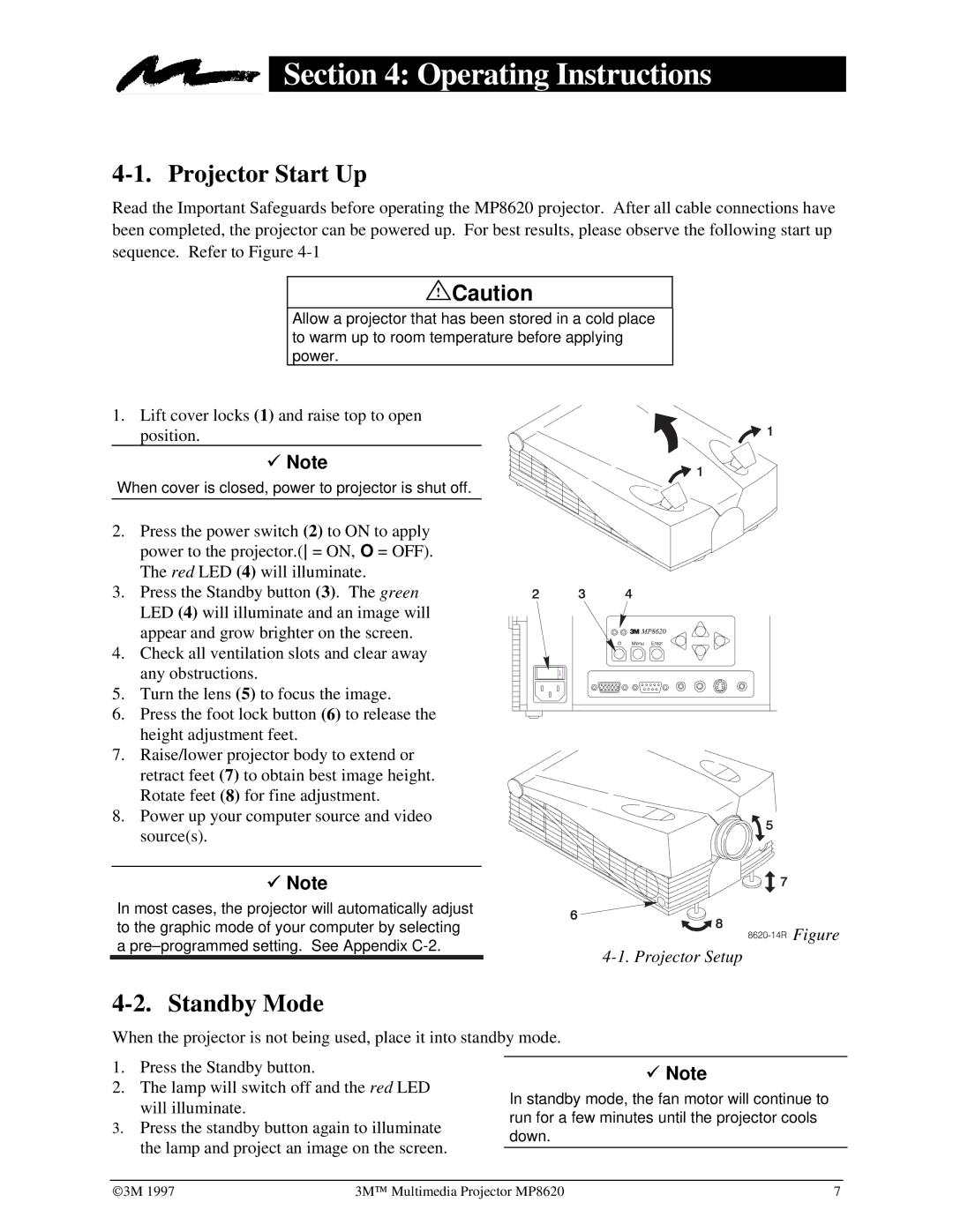 3M MP8620 manual Operating Instructions, Projector Start Up, Standby Mode 