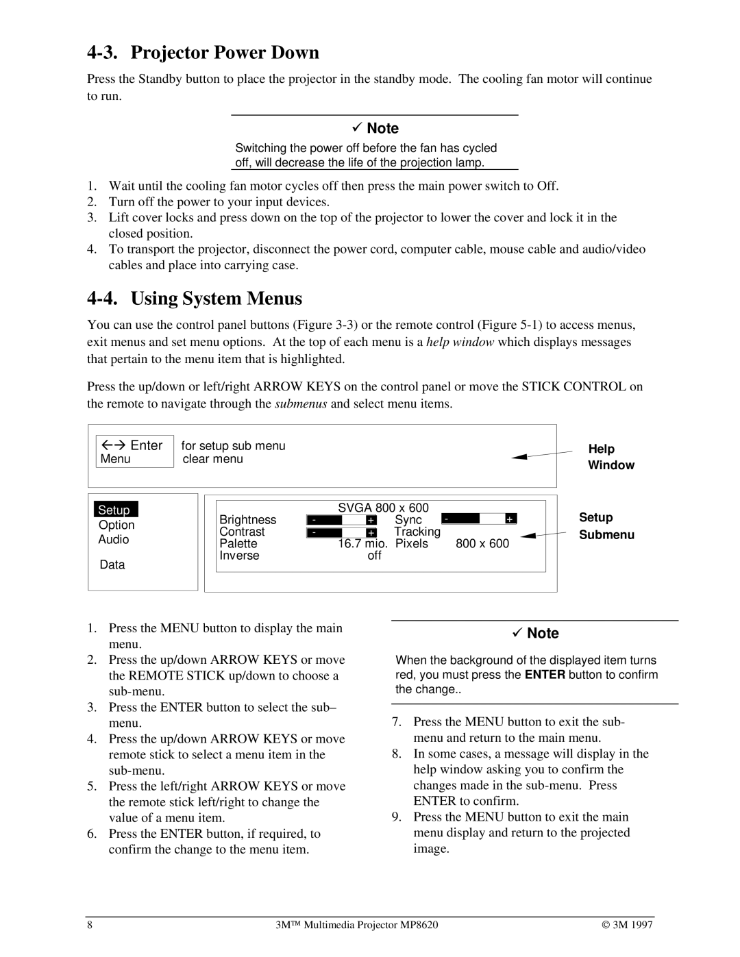 3M MP8620 manual Projector Power Down, Using System Menus 