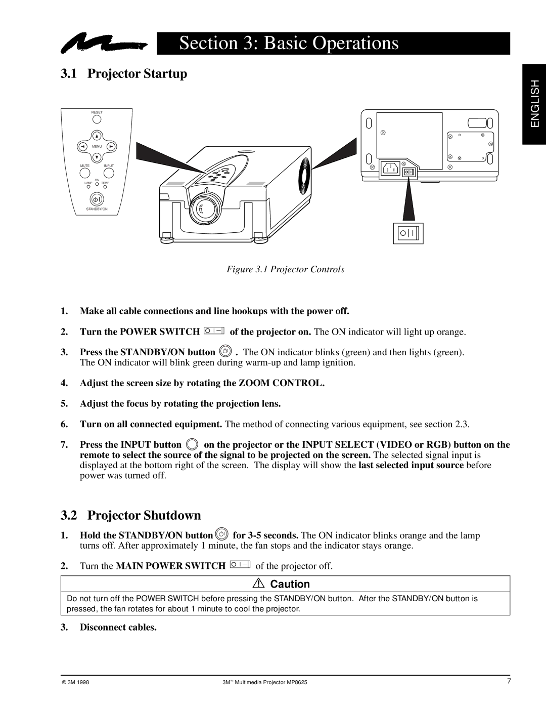 3M MP8625 manual Basic Operations, Projector Startup, Projector Shutdown 