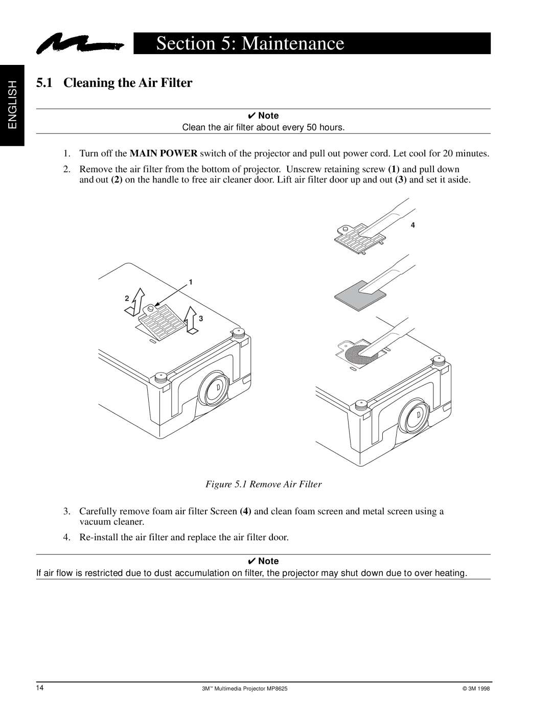 3M MP8625 manual Maintenance, Cleaning the Air Filter 