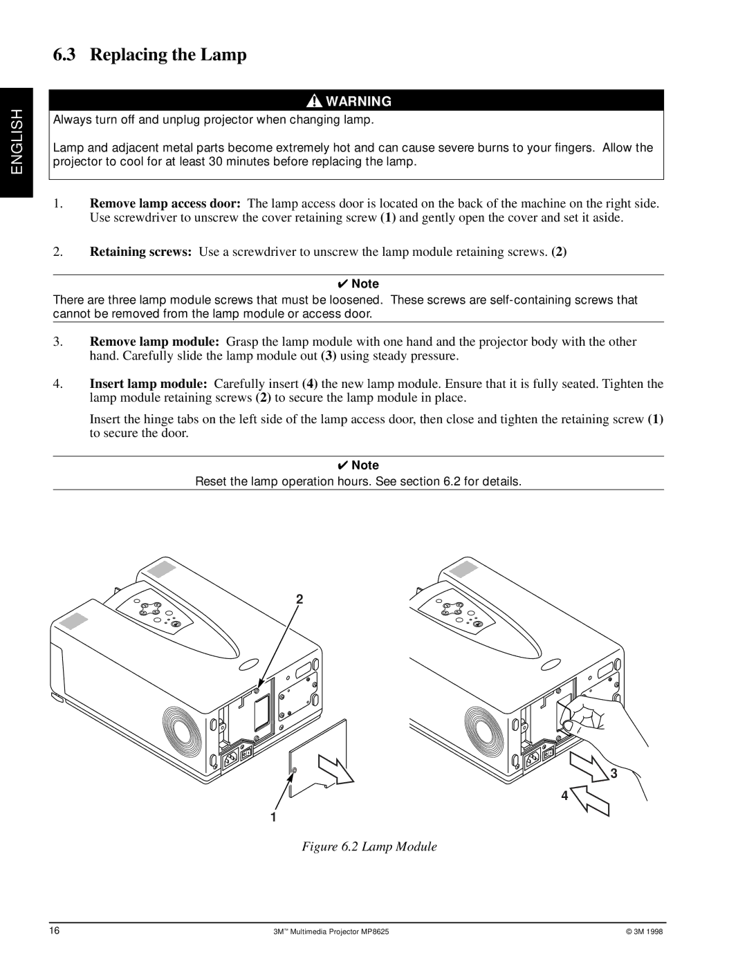 3M MP8625 manual Replacing the Lamp, Lamp Module 