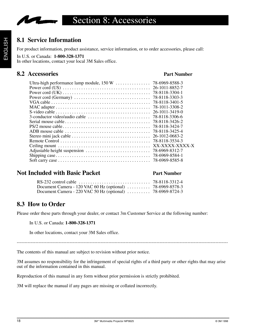 3M MP8625 manual Accessories, Service Information, Not Included with Basic Packet, How to Order 