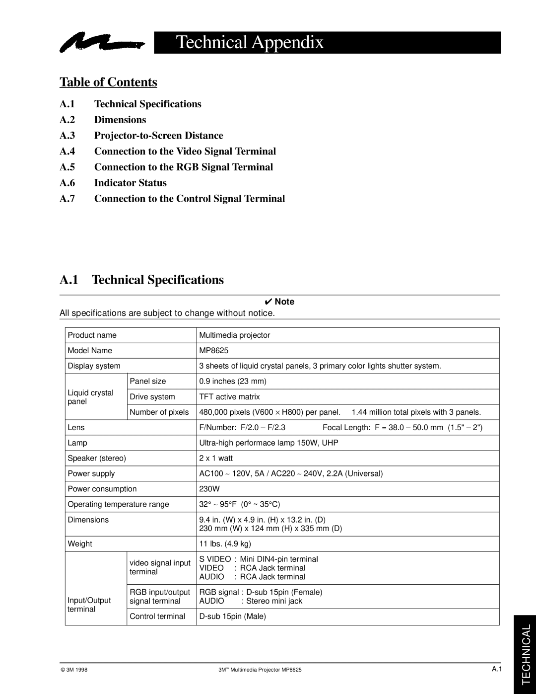 3M MP8625 manual Technical Appendix, Table of Contents, Technical Specifications 