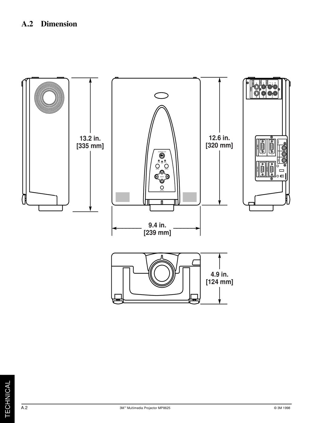 3M MP8625 manual Dimension 