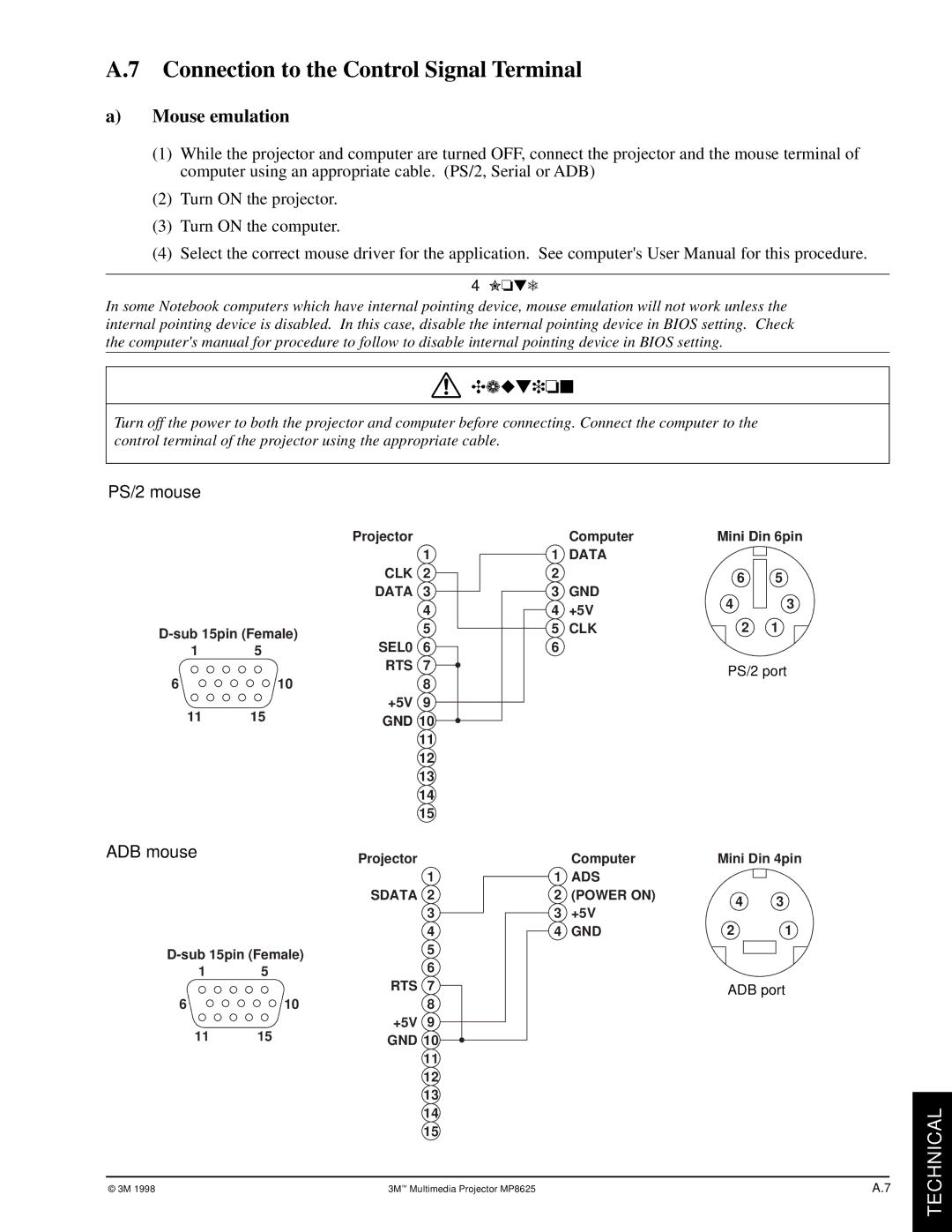 3M MP8625 manual Connection to the Control Signal Terminal, Mouse emulation 