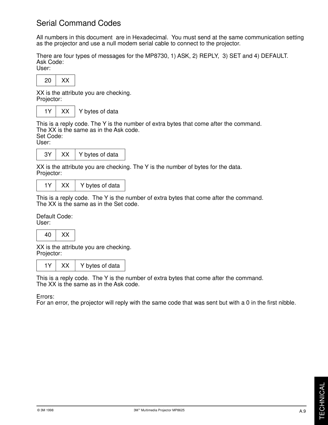 3M MP8625 manual Serial Command Codes 