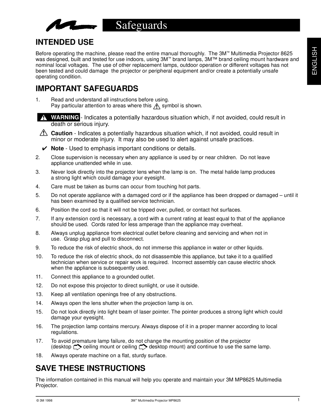 3M MP8625 manual Safeguards, Intended USE 