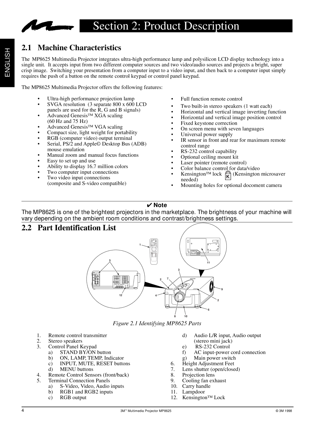 3M MP8625 manual Product Description, Machine Characteristics, Part Identification List 