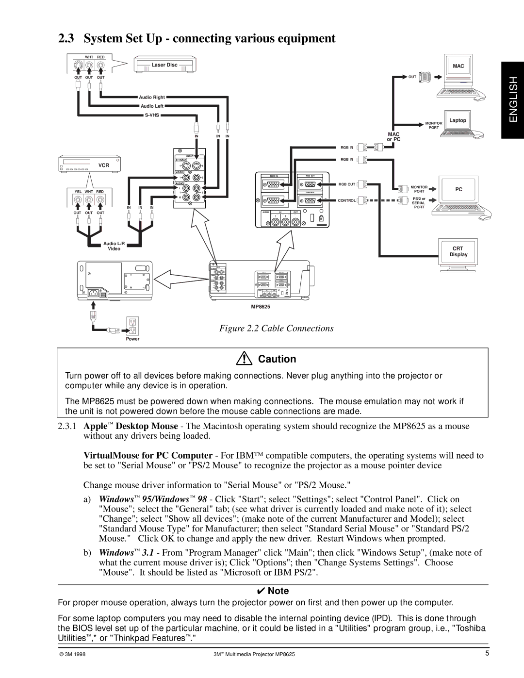 3M MP8625 manual System Set Up connecting various equipment, Vcr 