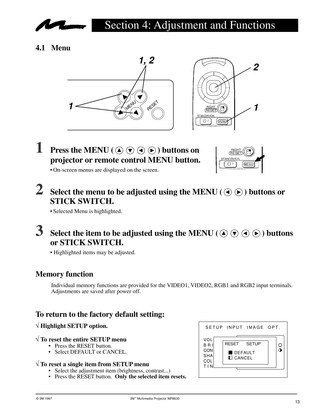 3M MP8630 manual Adjustment and Functions, Menu, Memory function, To return to the factory default setting 