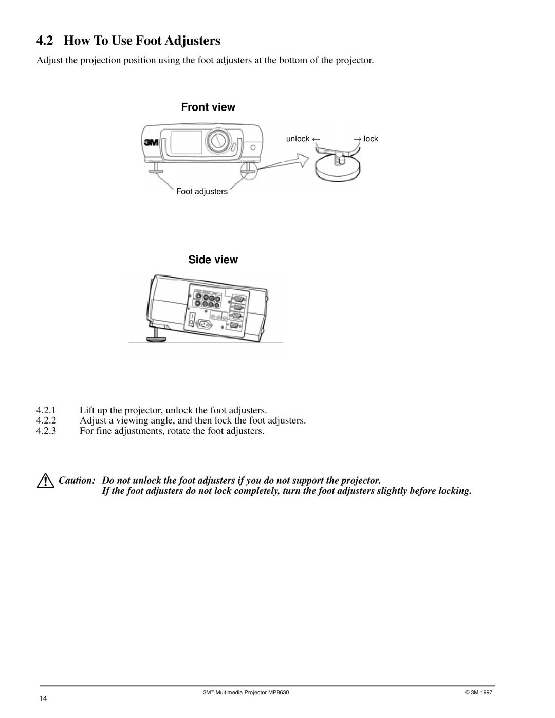 3M MP8630 manual How To Use Foot Adjusters, Side view 