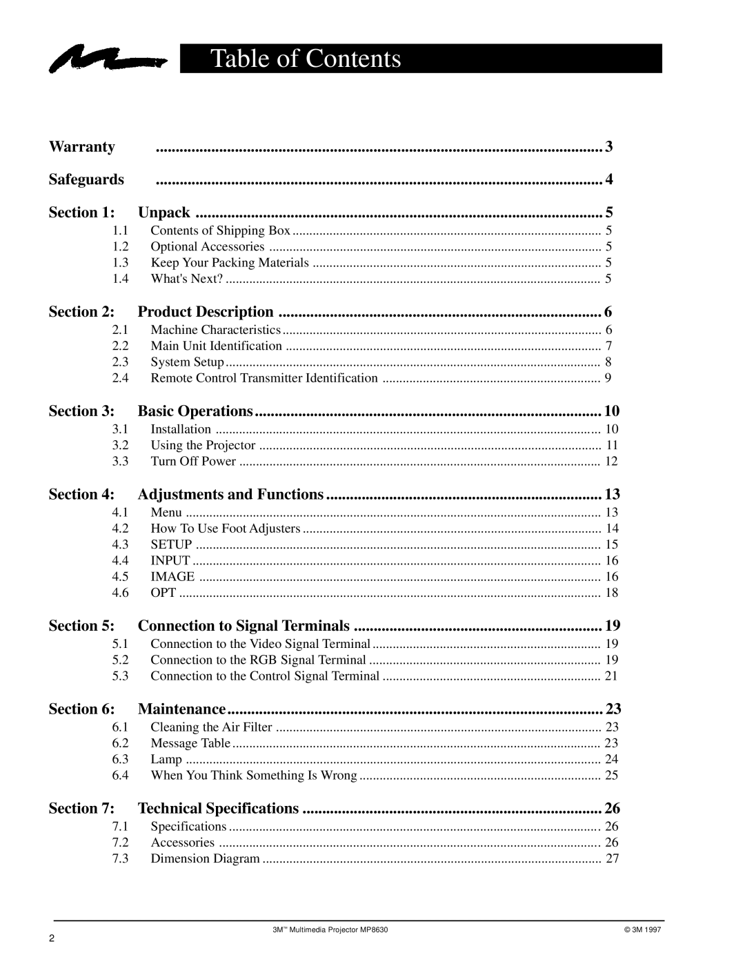 3M MP8630 manual Table of Contents 