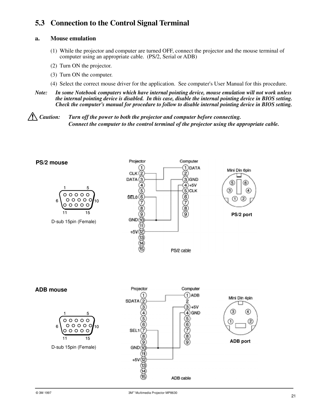 3M MP8630 manual Connection to the Control Signal Terminal, Mouse emulation 