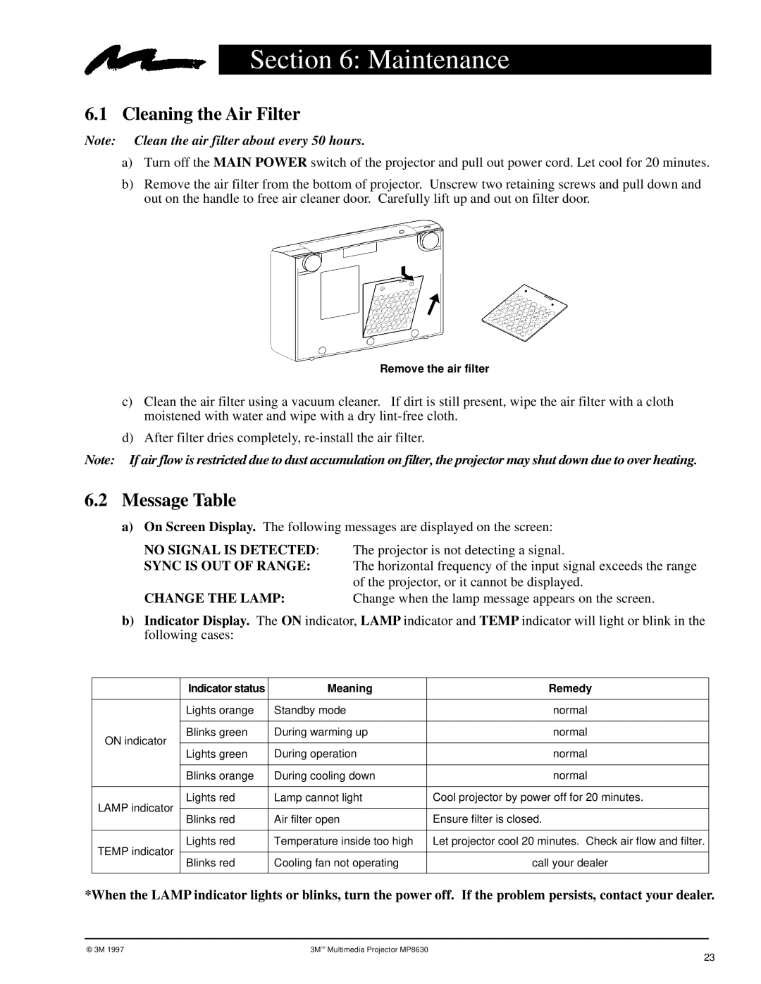 3M MP8630 manual Maintenance, Cleaning the Air Filter, Message Table 