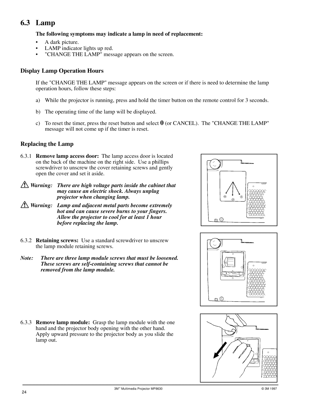 3M MP8630 manual Display Lamp Operation Hours, Replacing the Lamp 