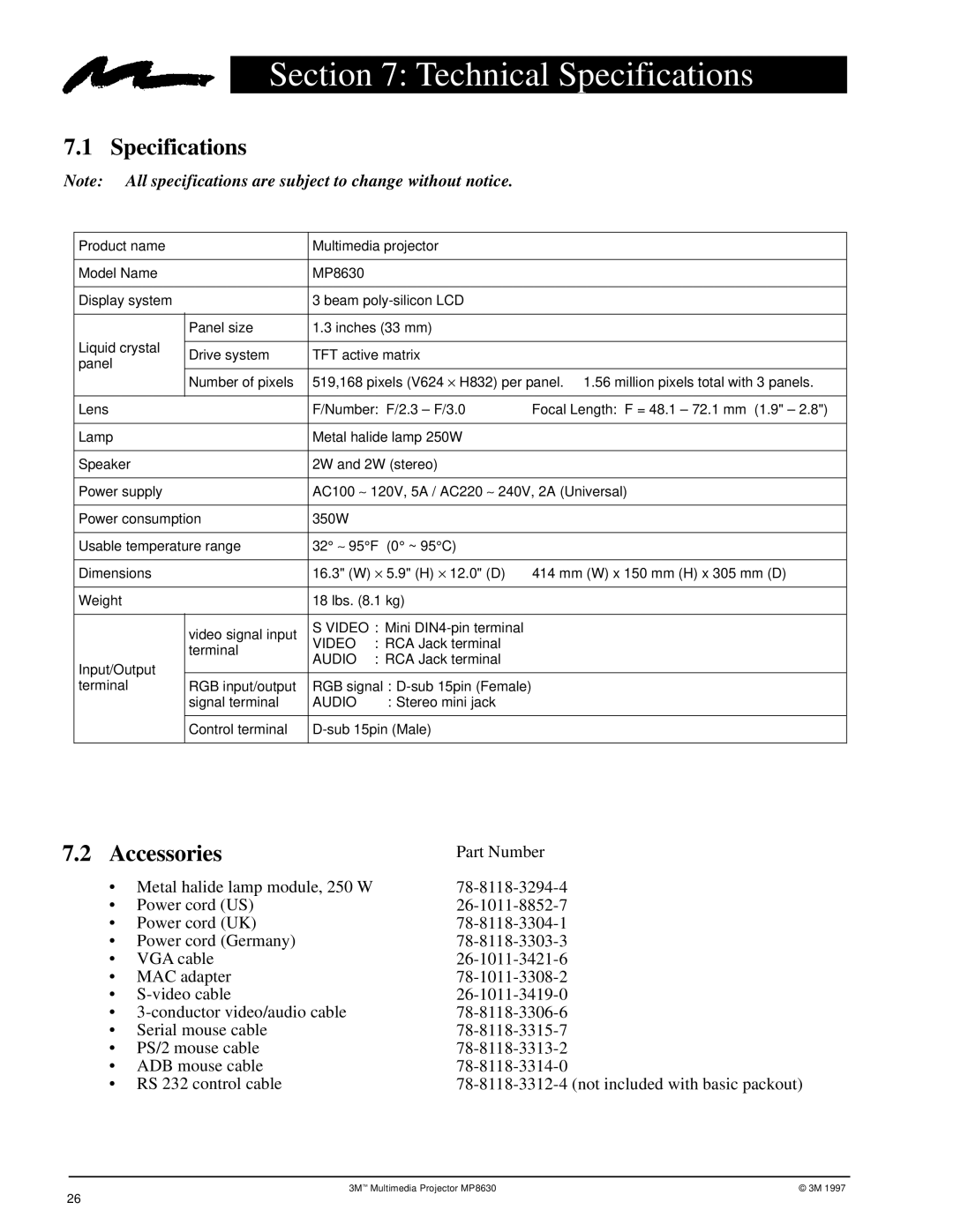 3M MP8630 manual Technical Specifications, Accessories 