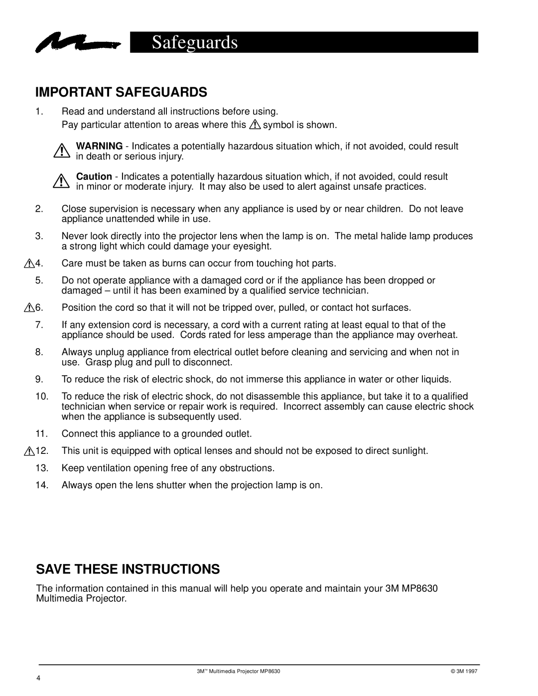 3M MP8630 manual Important Safeguards 