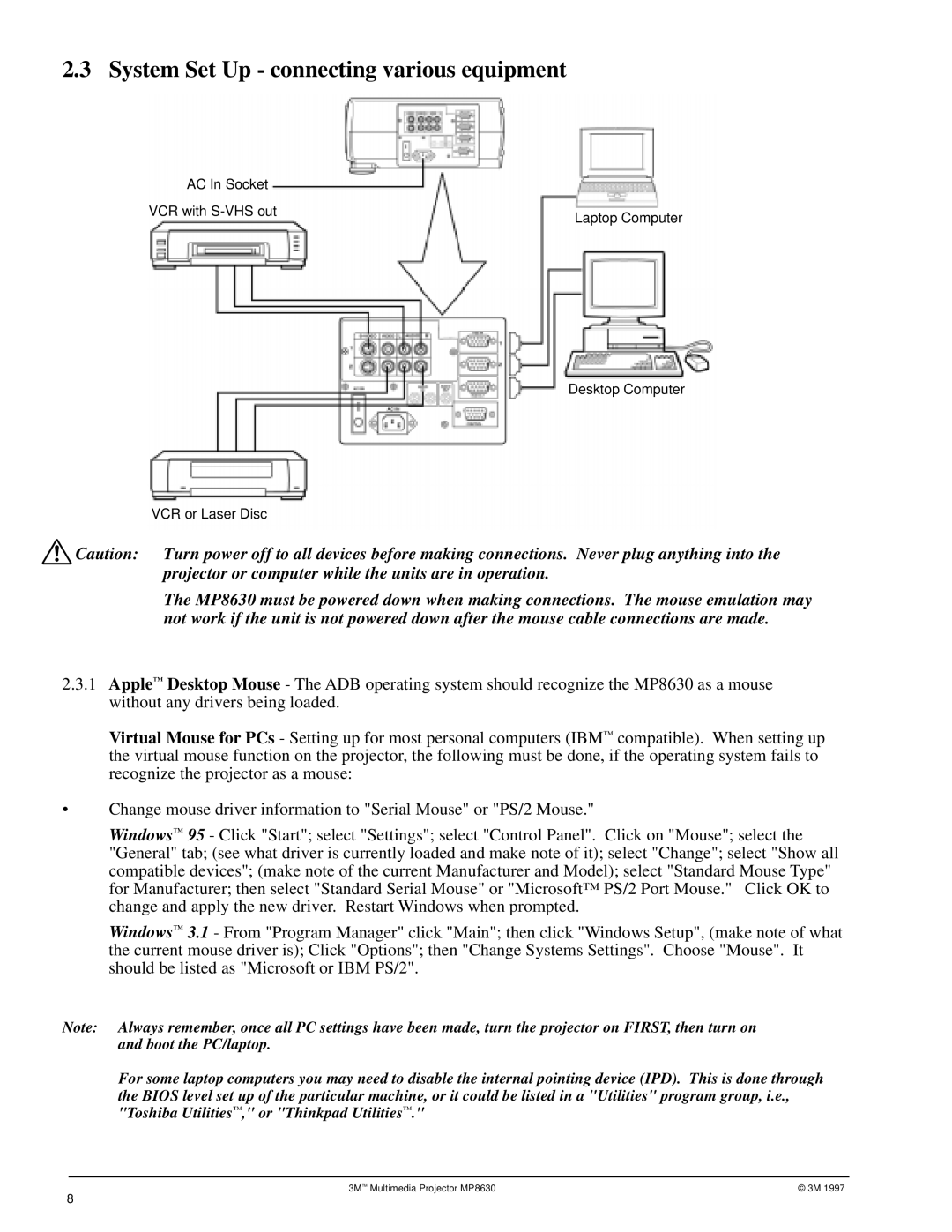 3M MP8630 manual System Set Up connecting various equipment 