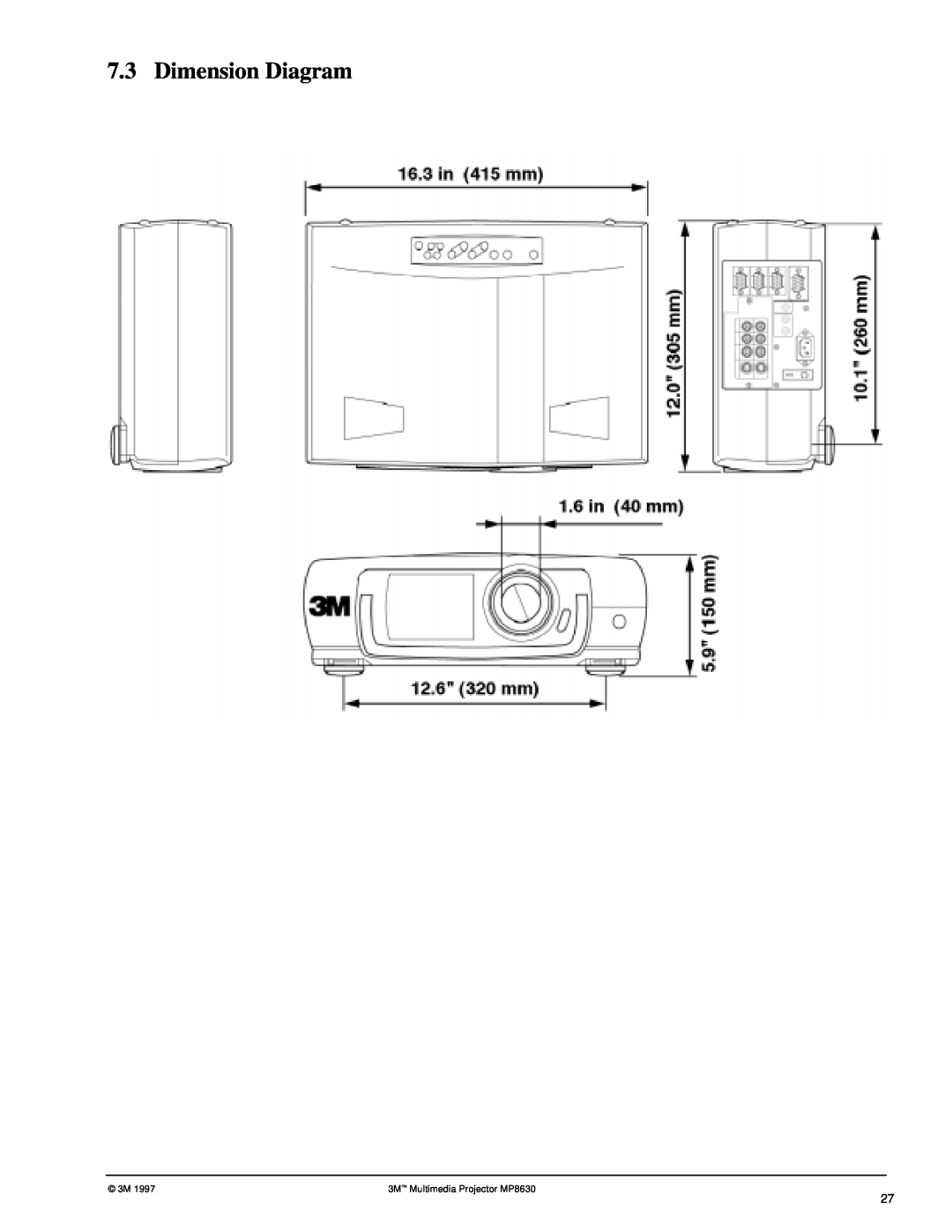 3M manual Dimension Diagram, 3M Multimedia Projector MP8630 