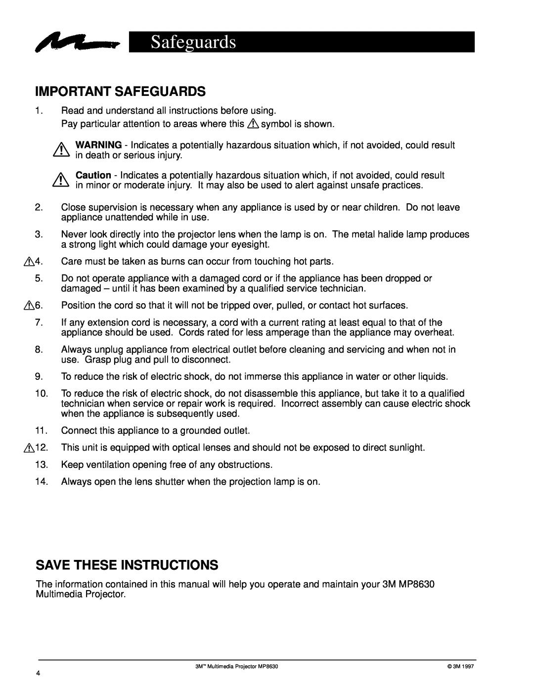 3M MP8630 manual Important Safeguards, Save These Instructions 