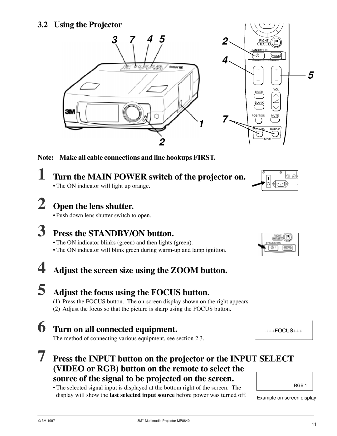 3M MP8640 manual Turn the Main Power switch of the projector on 