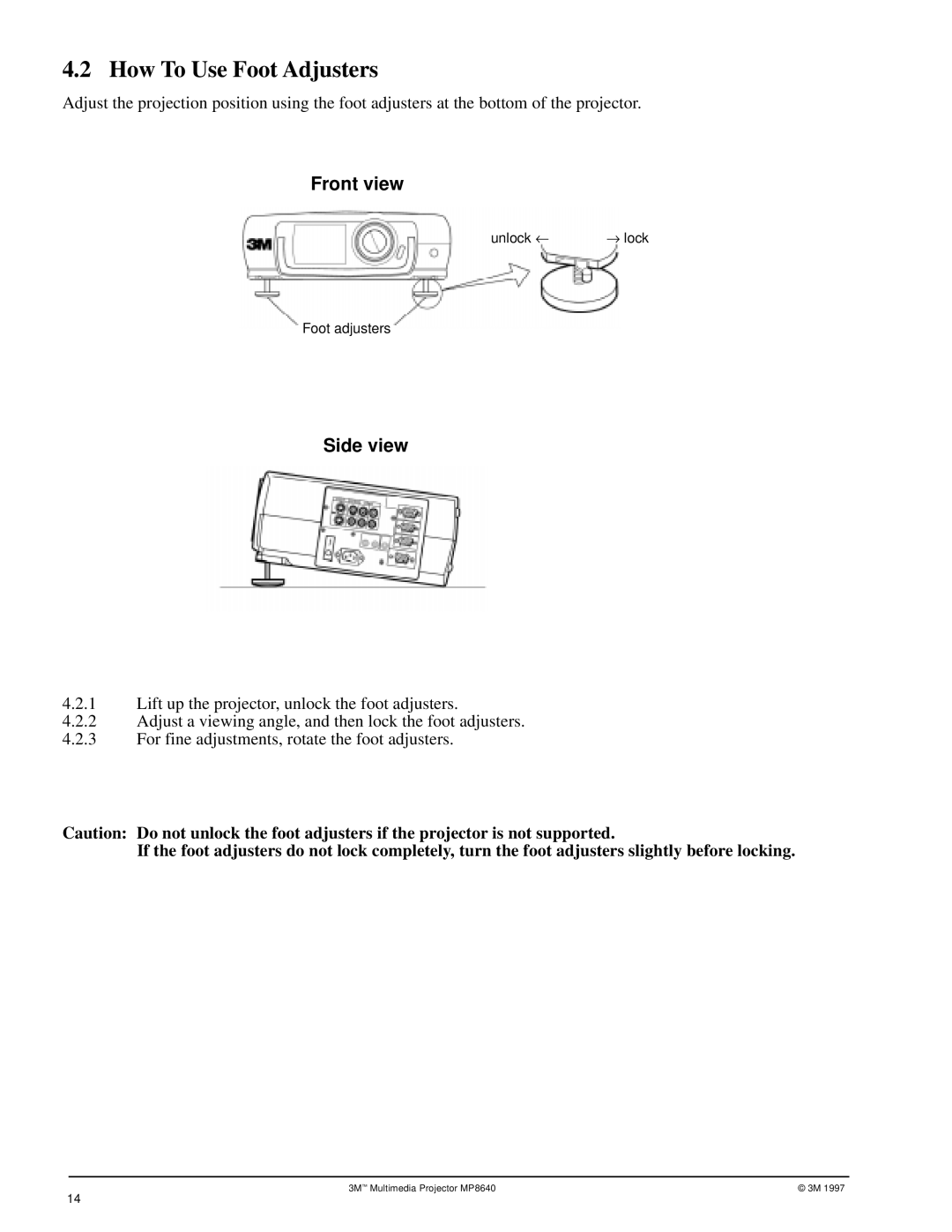 3M MP8640 manual How To Use Foot Adjusters, Side view 