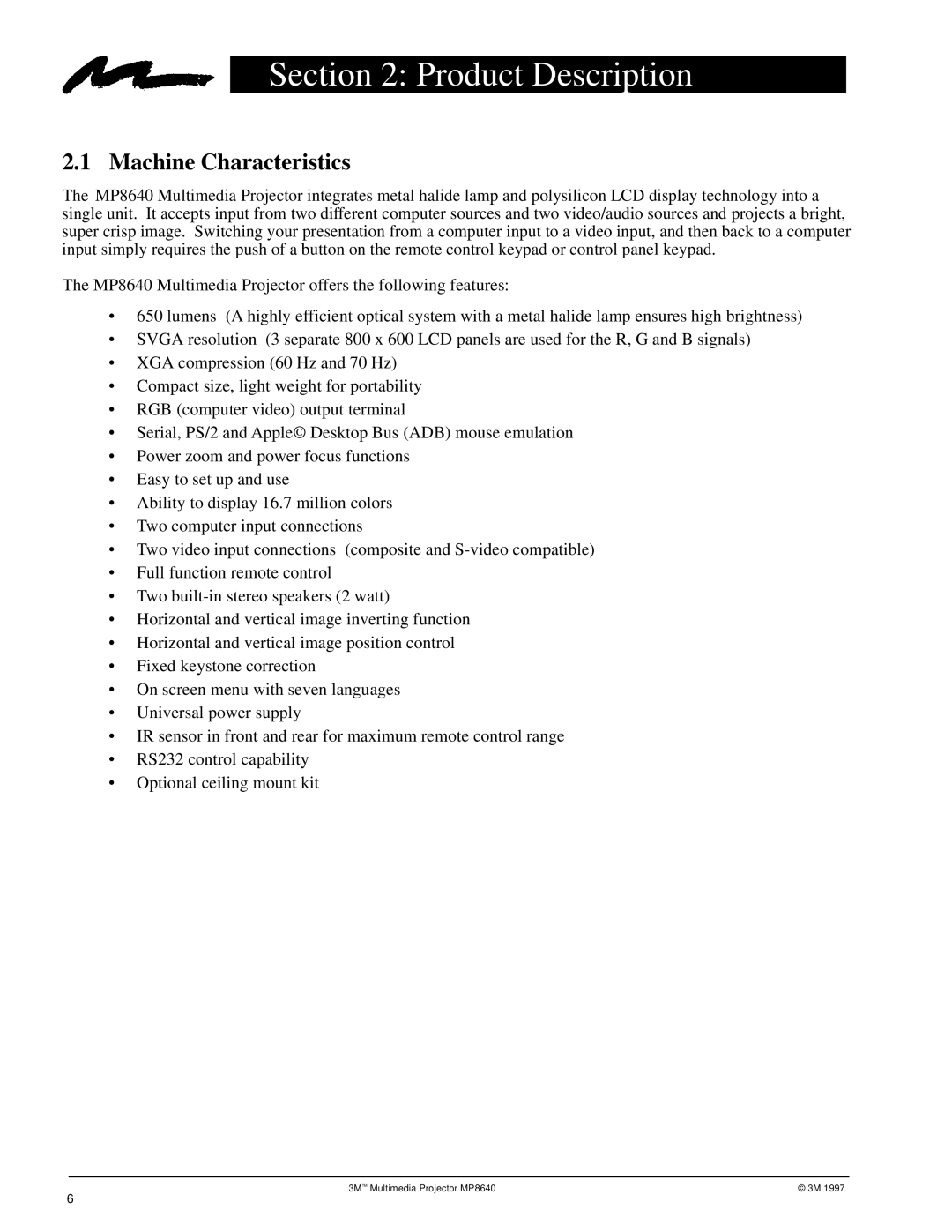 3M MP8640 manual Product Description, Machine Characteristics 