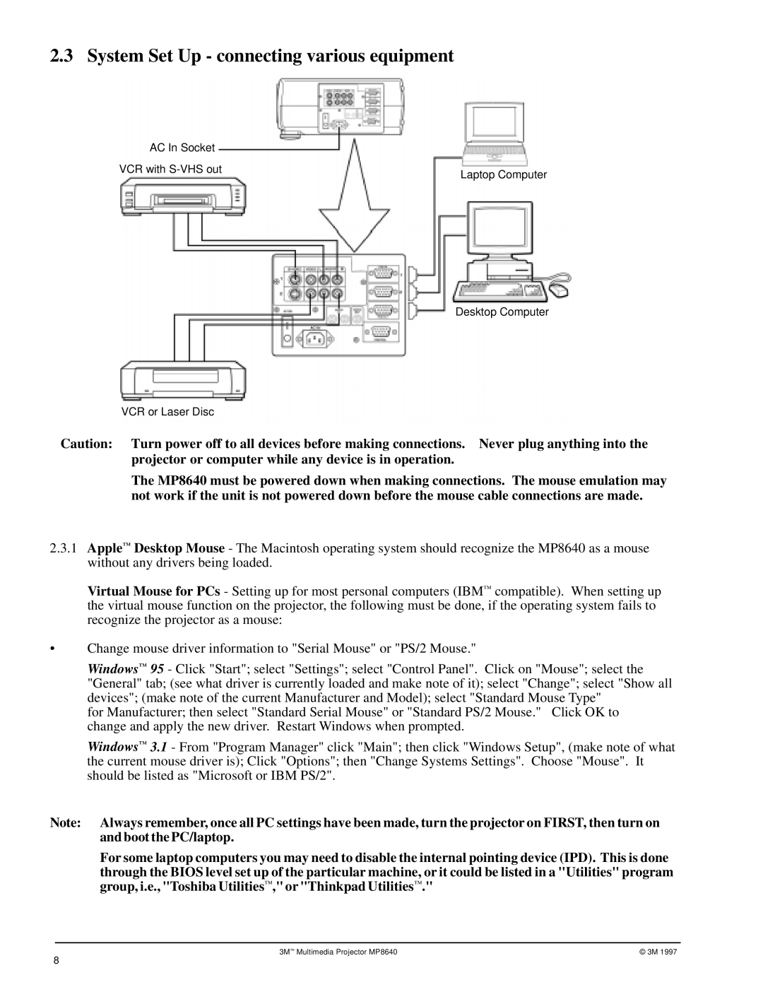 3M MP8640 manual System Set Up connecting various equipment 