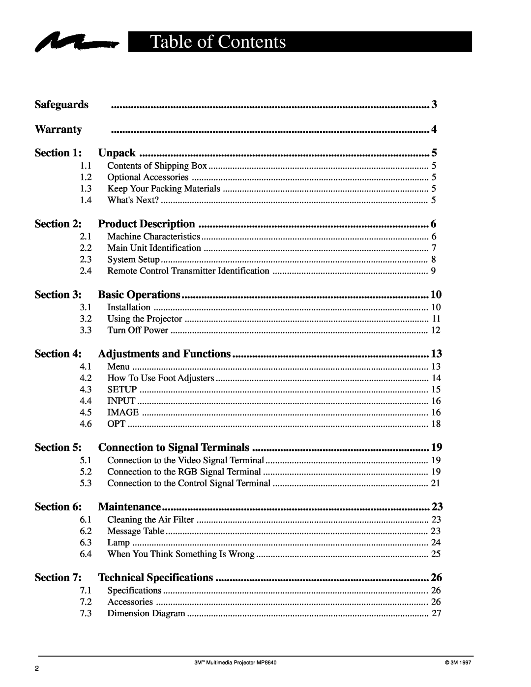 3M MP8640 manual Table of Contents 