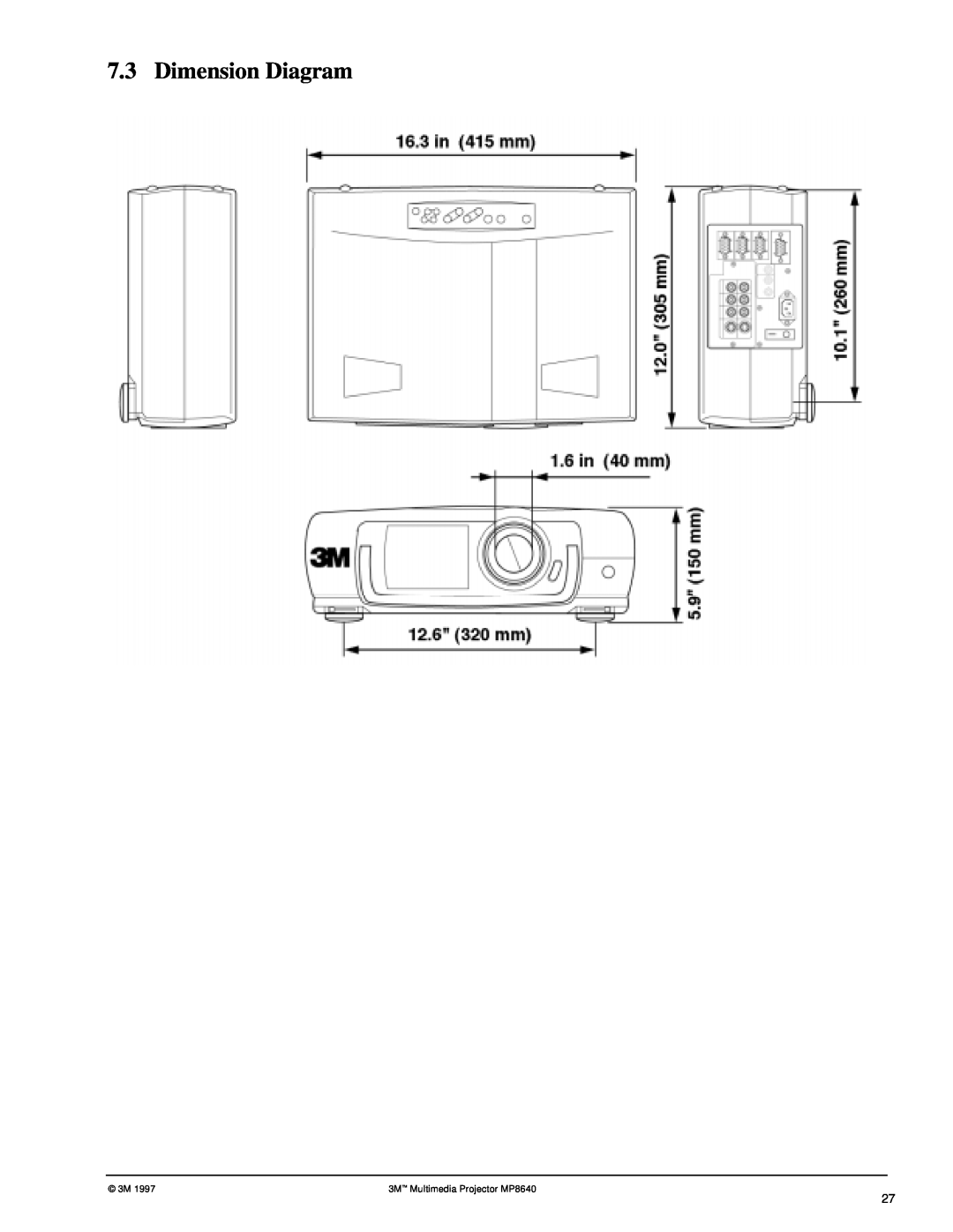 3M manual Dimension Diagram, 3M Multimedia Projector MP8640 