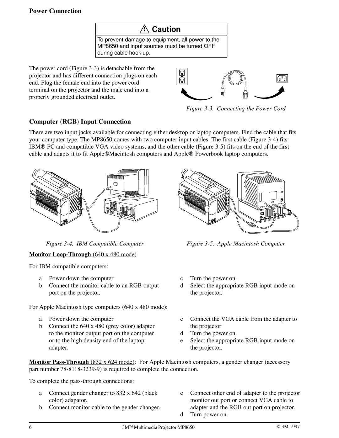 3M MP8650 manual Power Connection, Computer RGB Input Connection, Monitor Loop-Through 640 x 480 mode 