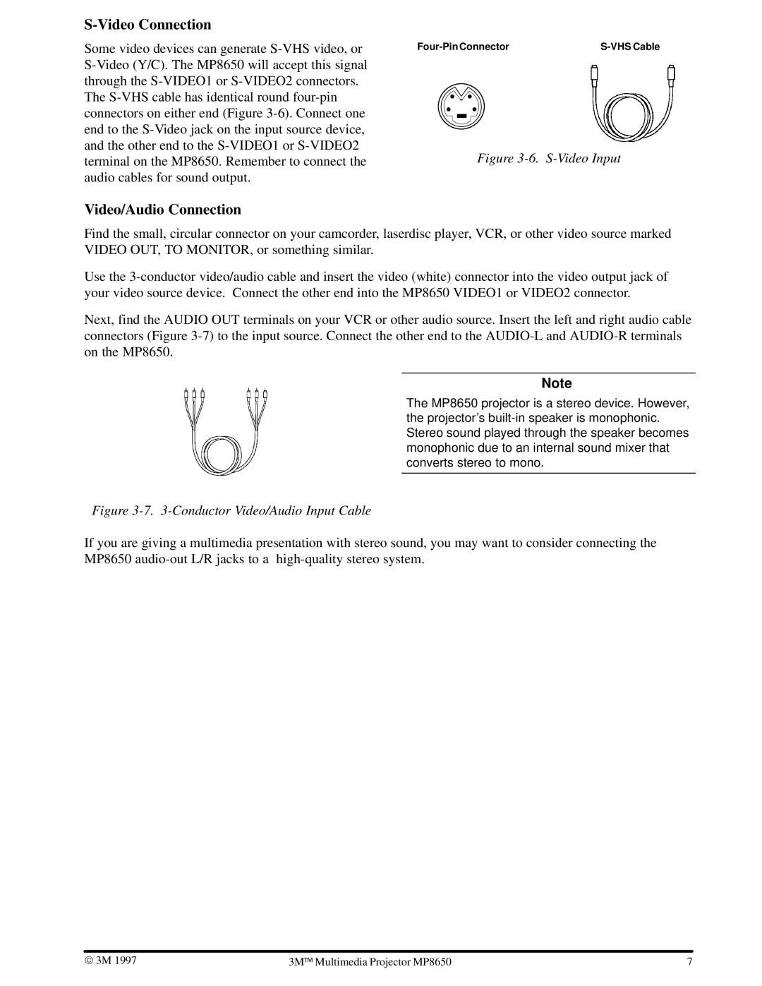 3M MP8650 manual Video Connection, Video/Audio Connection 