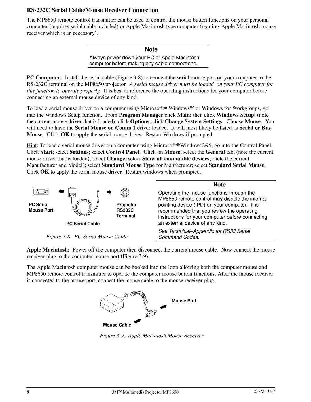 3M MP8650 manual RS-232C Serial Cable/Mouse Receiver Connection, PC Serial Mouse Cable 