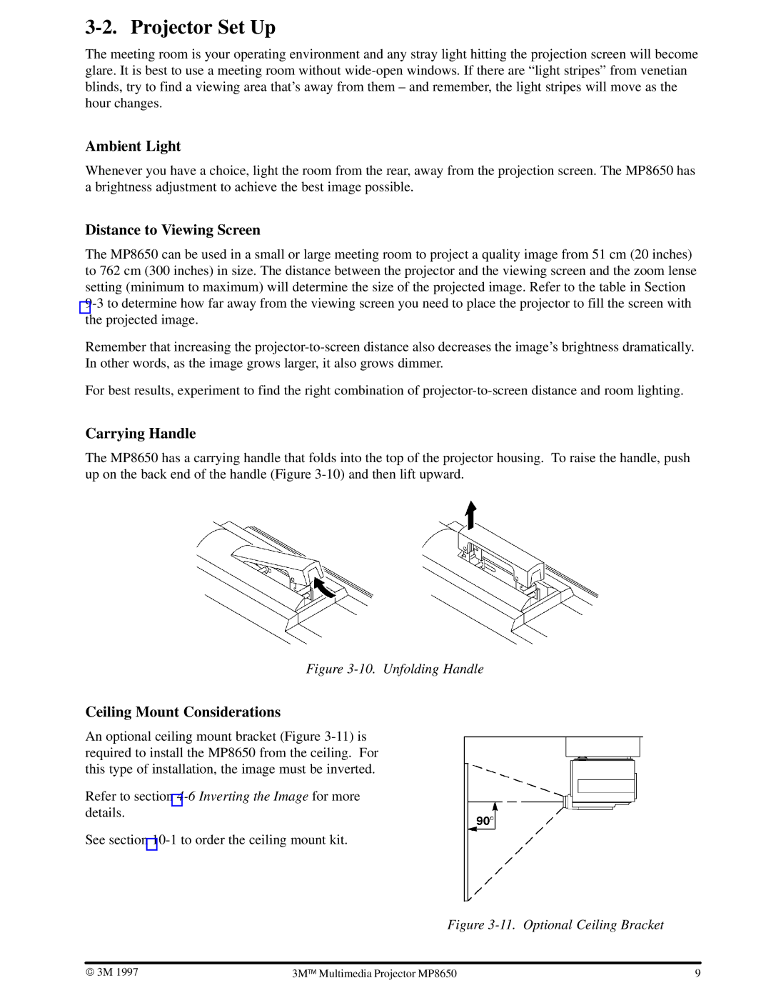 3M MP8650 manual Projector Set Up, Ambient Light, Distance to Viewing Screen, Carrying Handle, Ceiling Mount Considerations 
