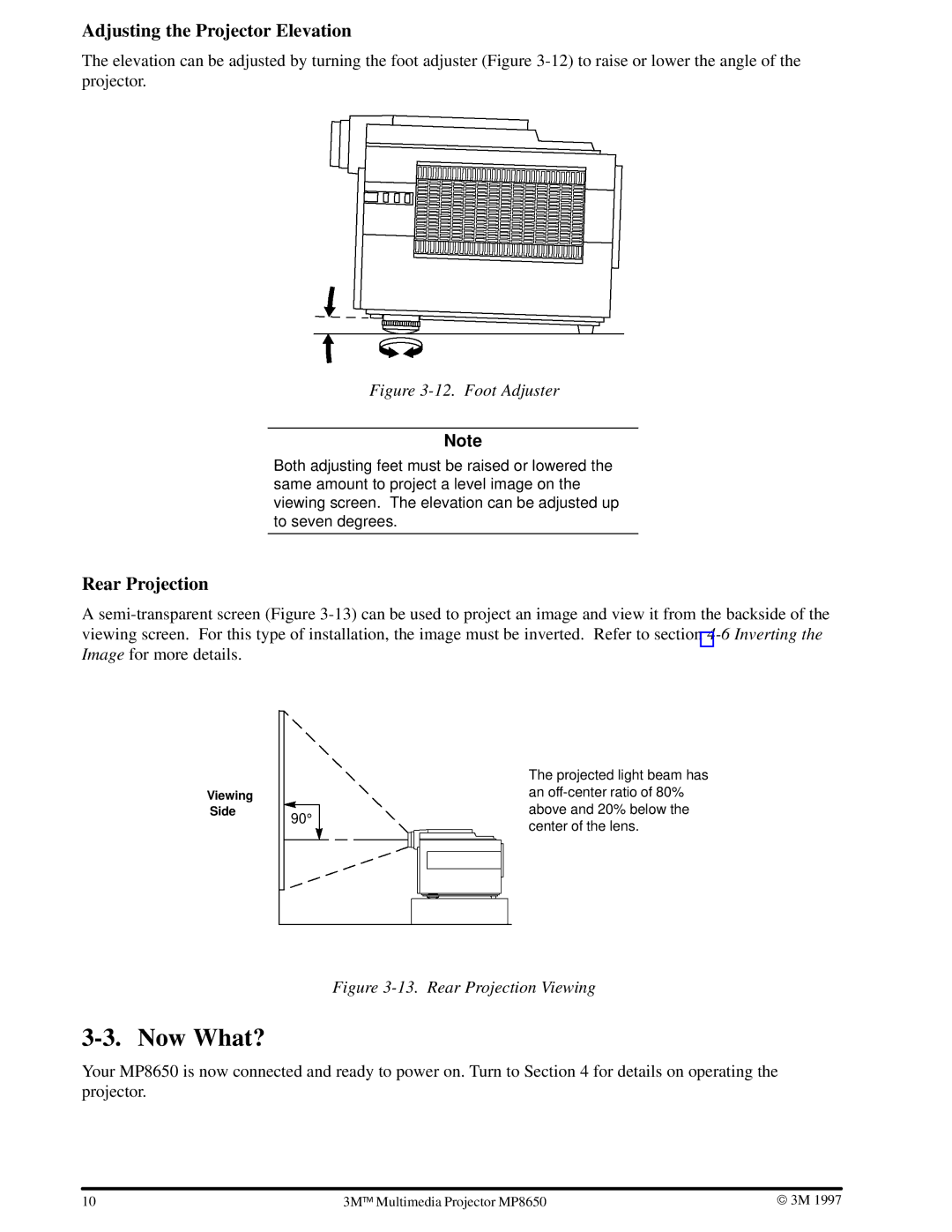 3M MP8650 manual Now What?, Adjusting the Projector Elevation, Rear Projection 