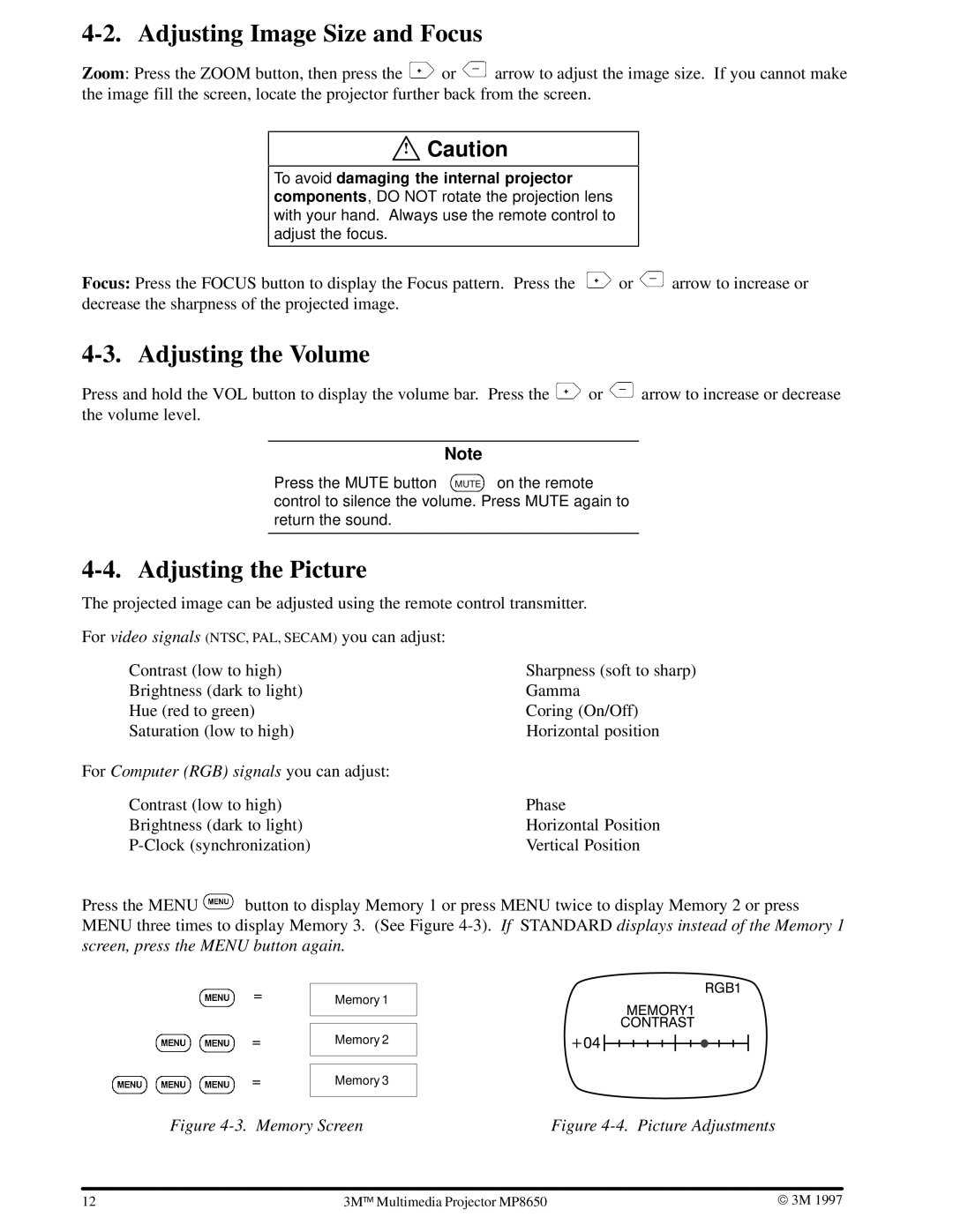 3M MP8650 manual Adjusting Image Size and Focus, Adjusting the Volume, Adjusting the Picture 