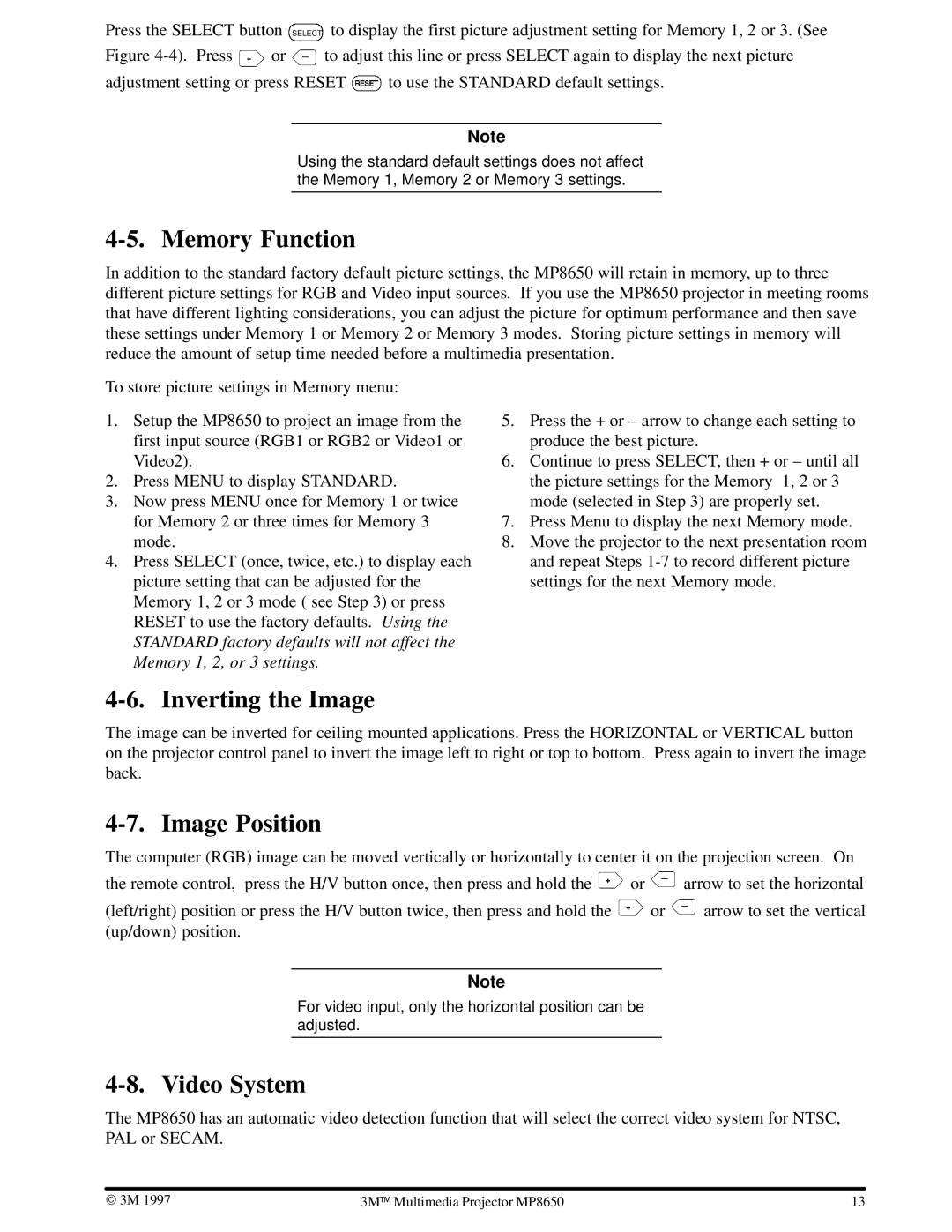 3M MP8650 manual Memory Function, Inverting the Image, Image Position, Video System 