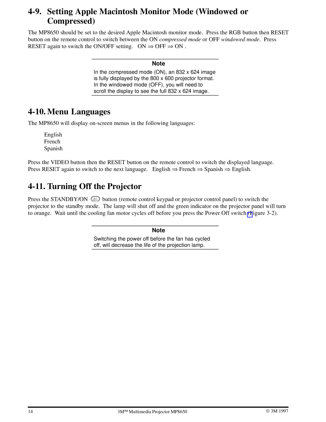3M MP8650 manual Setting Apple Macintosh Monitor Mode Windowed or Compressed, Menu Languages, Turning Off the Projector 