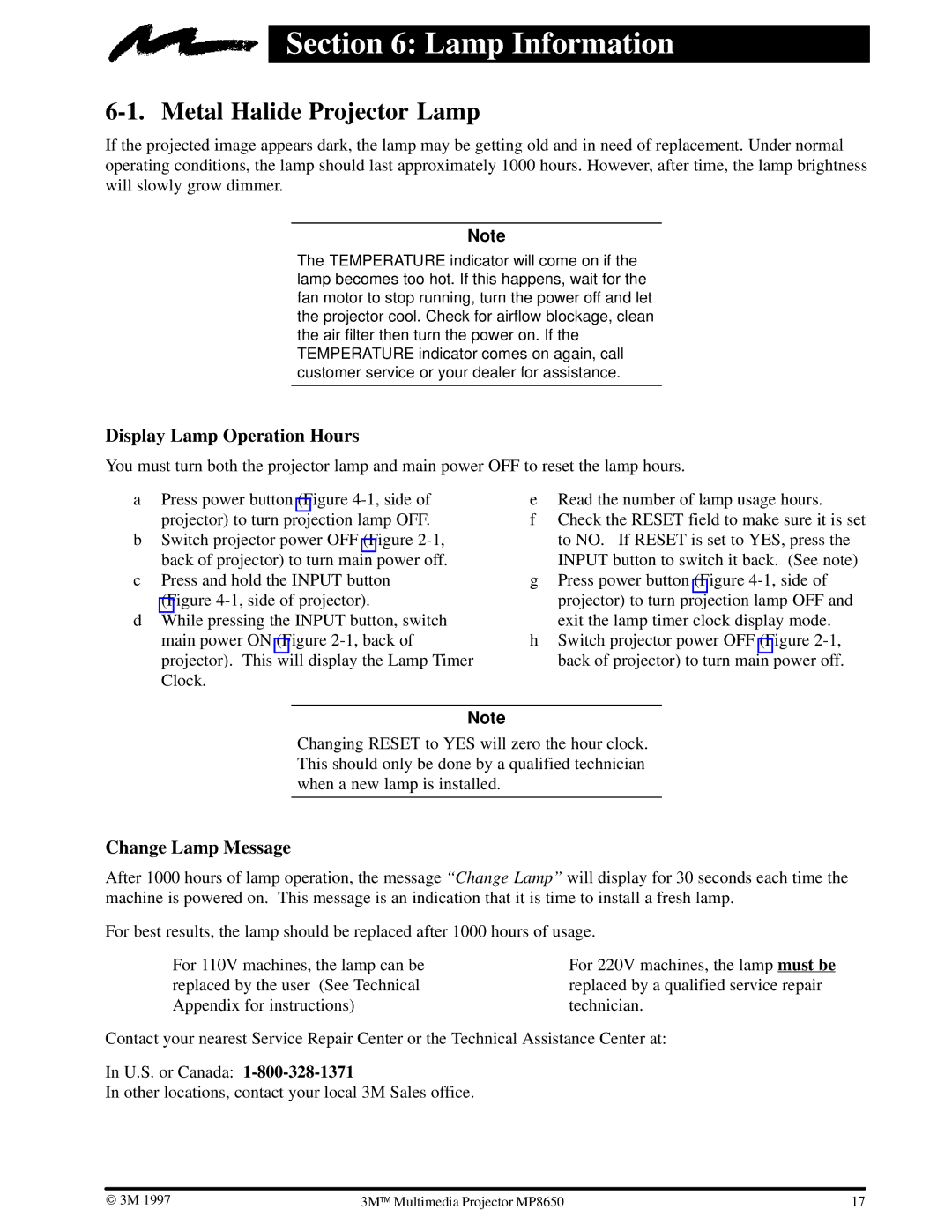 3M MP8650 manual Lamp Information, Metal Halide Projector Lamp, Display Lamp Operation Hours, Change Lamp Message 