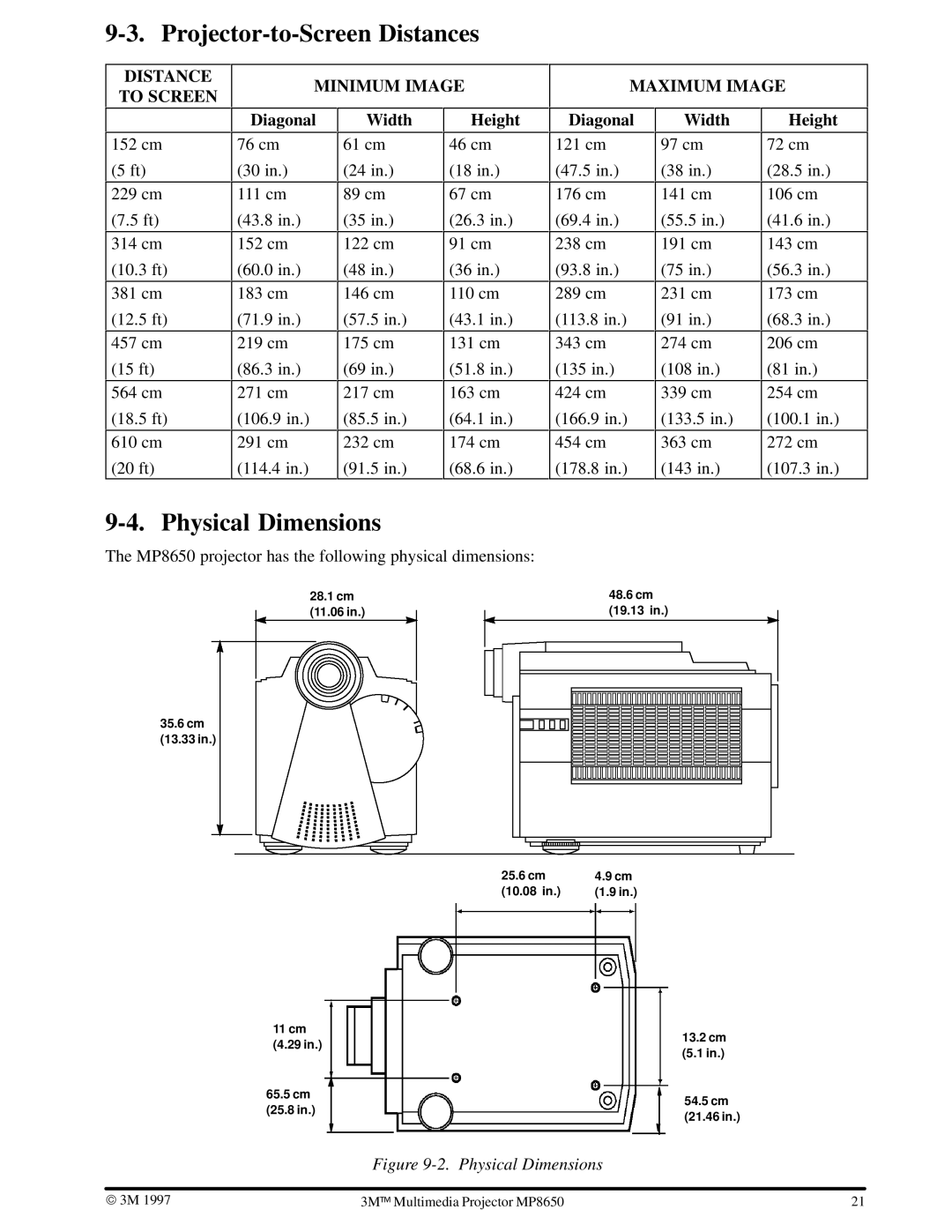 3M MP8650 manual Projector-to-Screen Distances, Physical Dimensions, Diagonal Width Height 