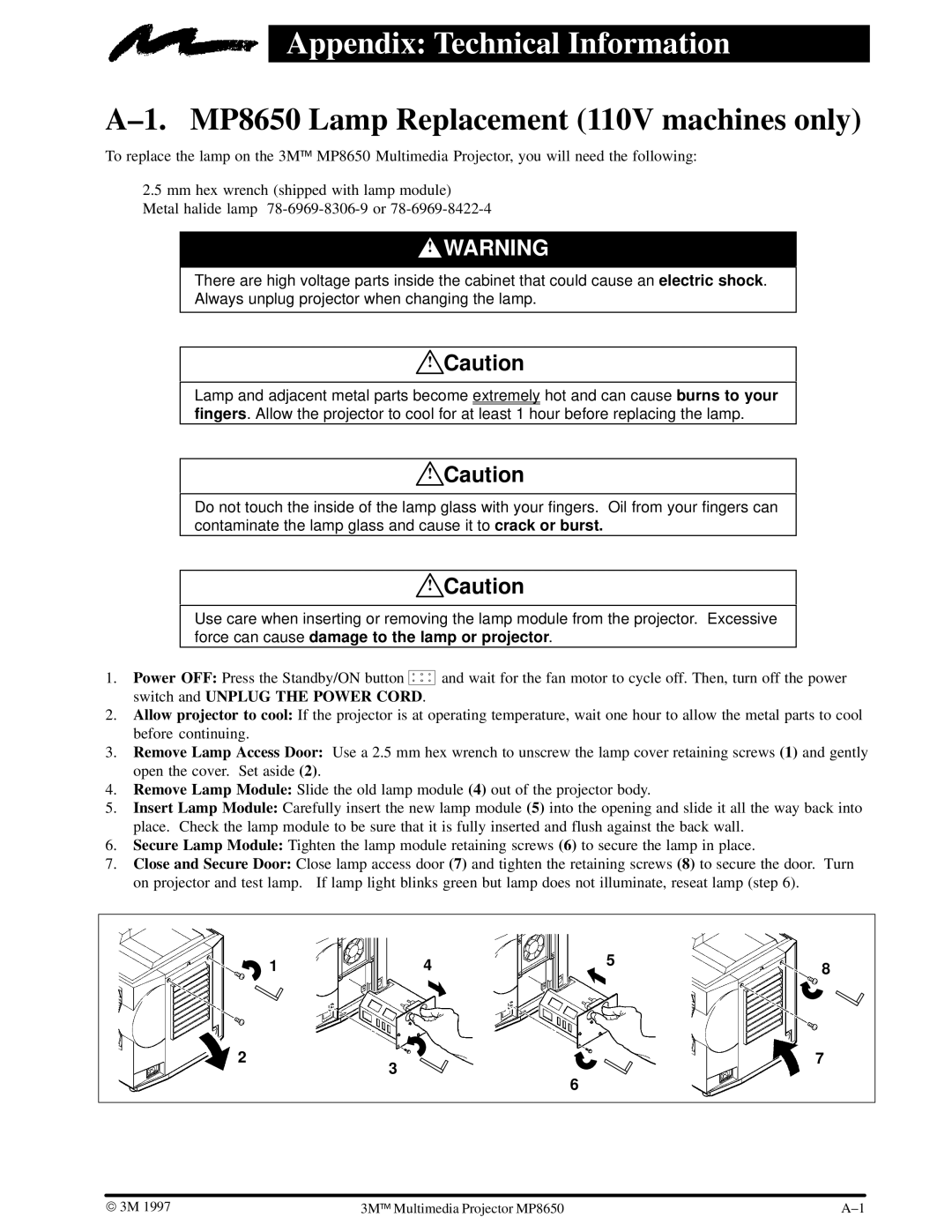 3M manual Appendix Technical Information, ±1. MP8650 Lamp Replacement 110V machines only 