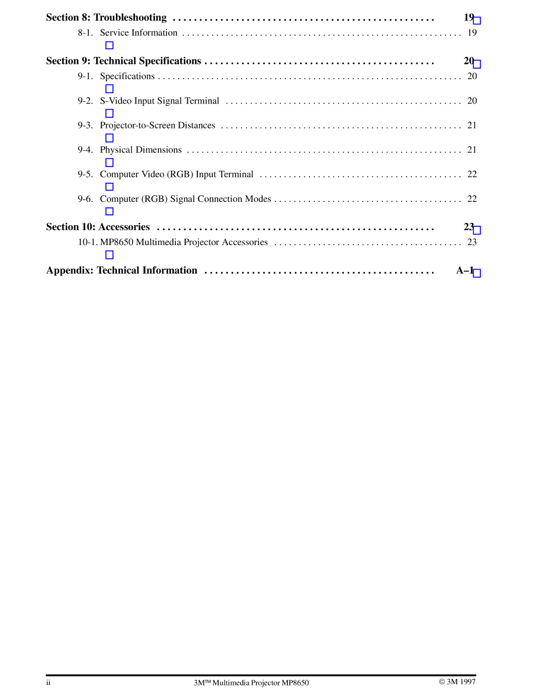 3M MP8650 manual Troubleshooting, Technical Specifications, Accessories, Appendix Technical Information 