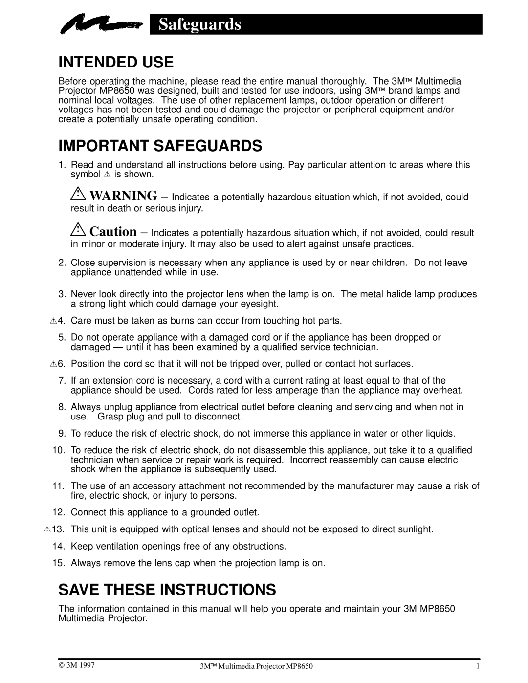 3M MP8650 manual Safeguards, Intended USE 