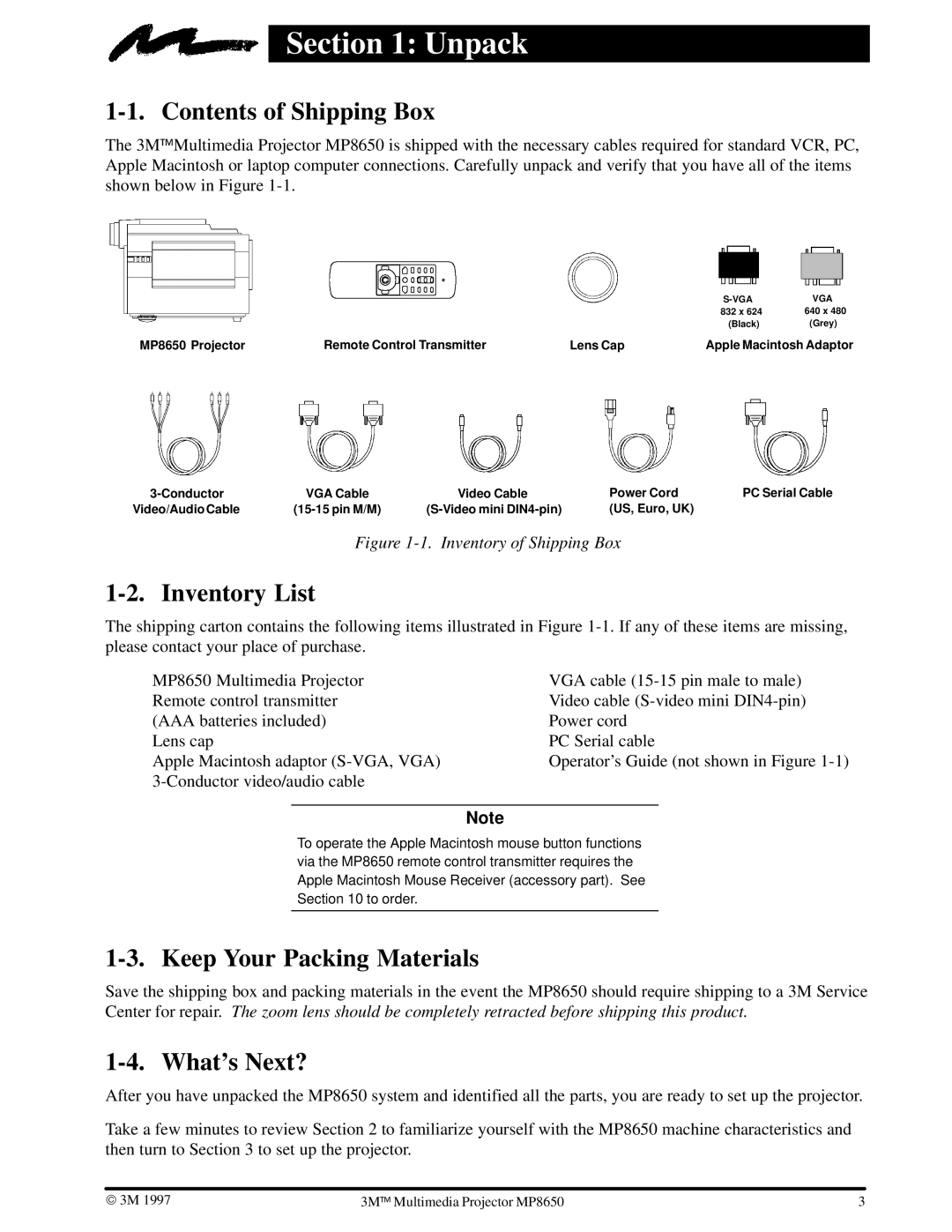 3M MP8650 manual Unpack, Contents of Shipping Box, Inventory List, Keep Your Packing Materials, Whats Next? 