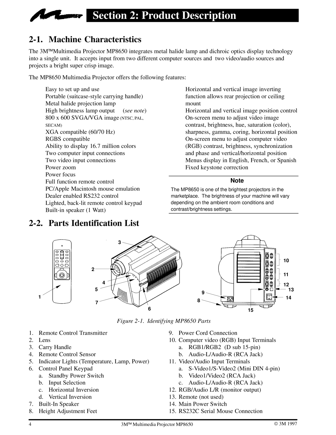 3M MP8650 manual Product Description, Machine Characteristics, Parts Identification List 