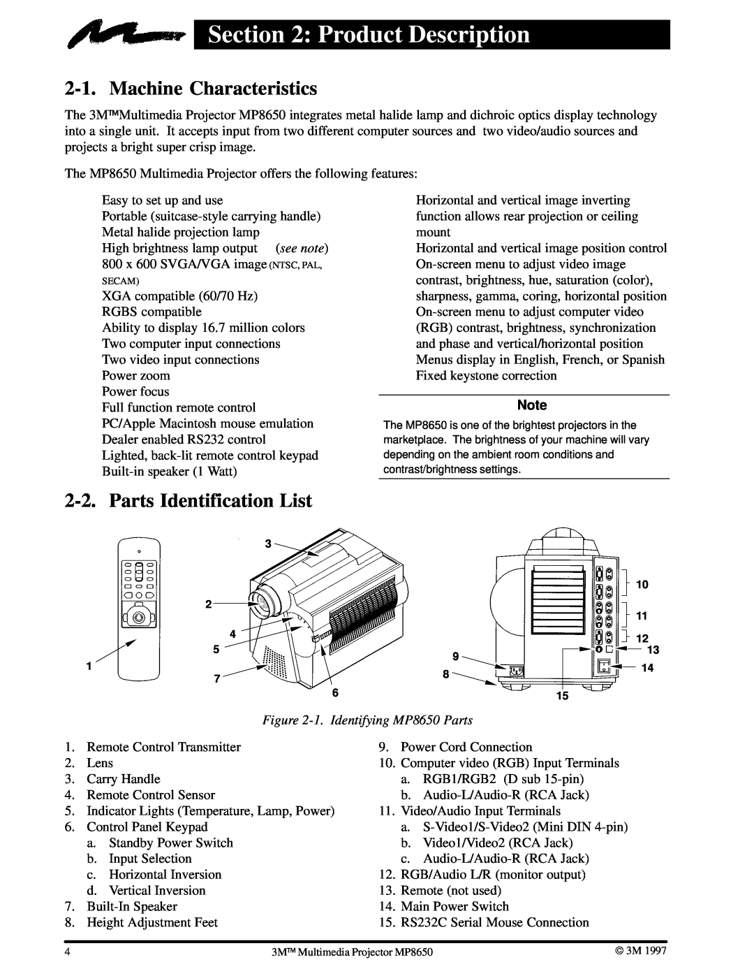 3M manual Product Description, Machine Characteristics, Parts Identification List, 1. Identifying MP8650 Parts 