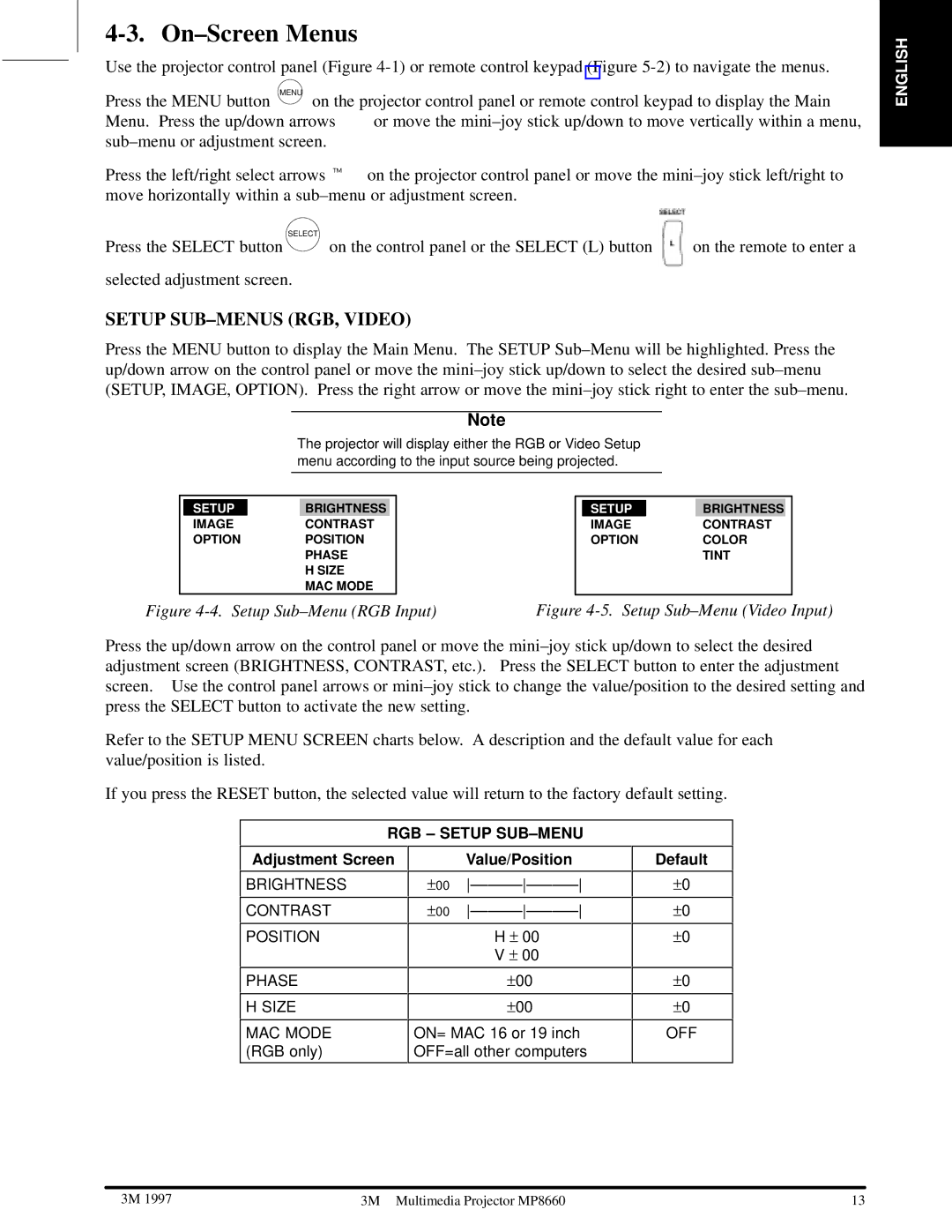 3M MP8660 manual On±Screen Menus, Setup SUB±MENUS RGB, Video 