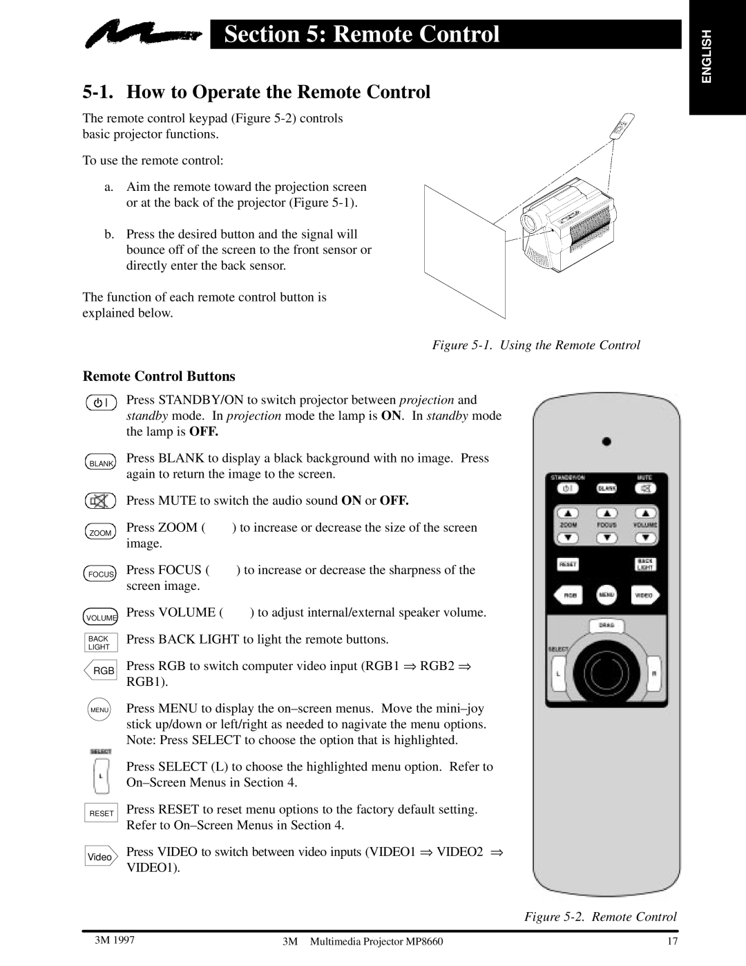 3M MP8660 manual How to Operate the Remote Control, Remote Control Buttons 